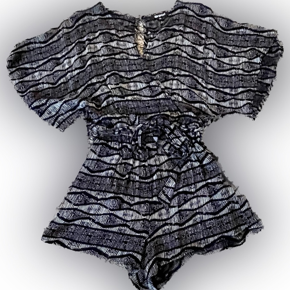 Rip Curl Black and White Romper with waist tie. Swim Cover up